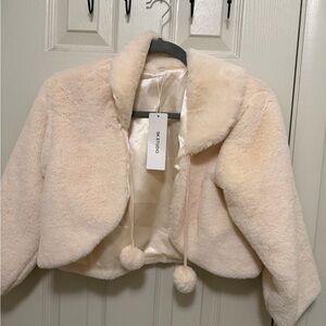 Cream Faux Fur Jacket with Pom Poms